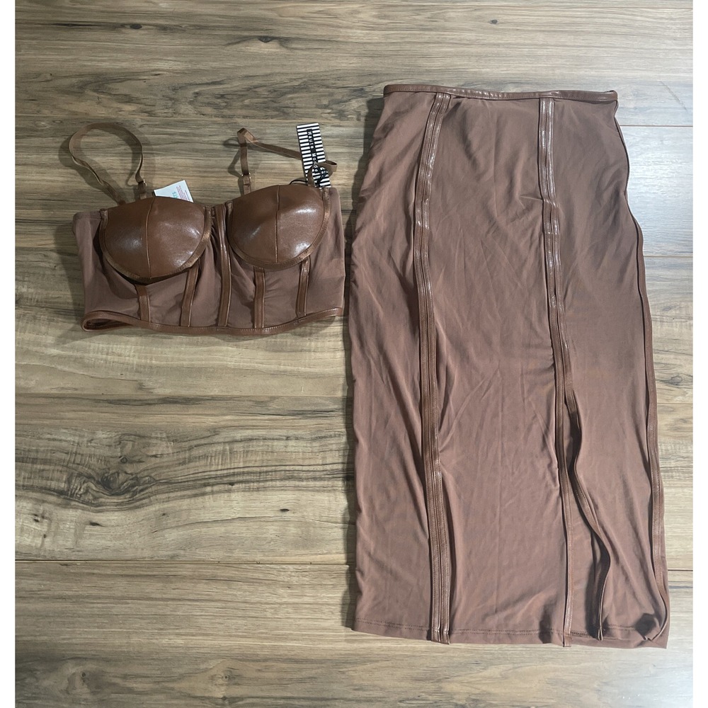 Haute Monde Corset Top And Skirt Mesh Brown Faux Leather Outline